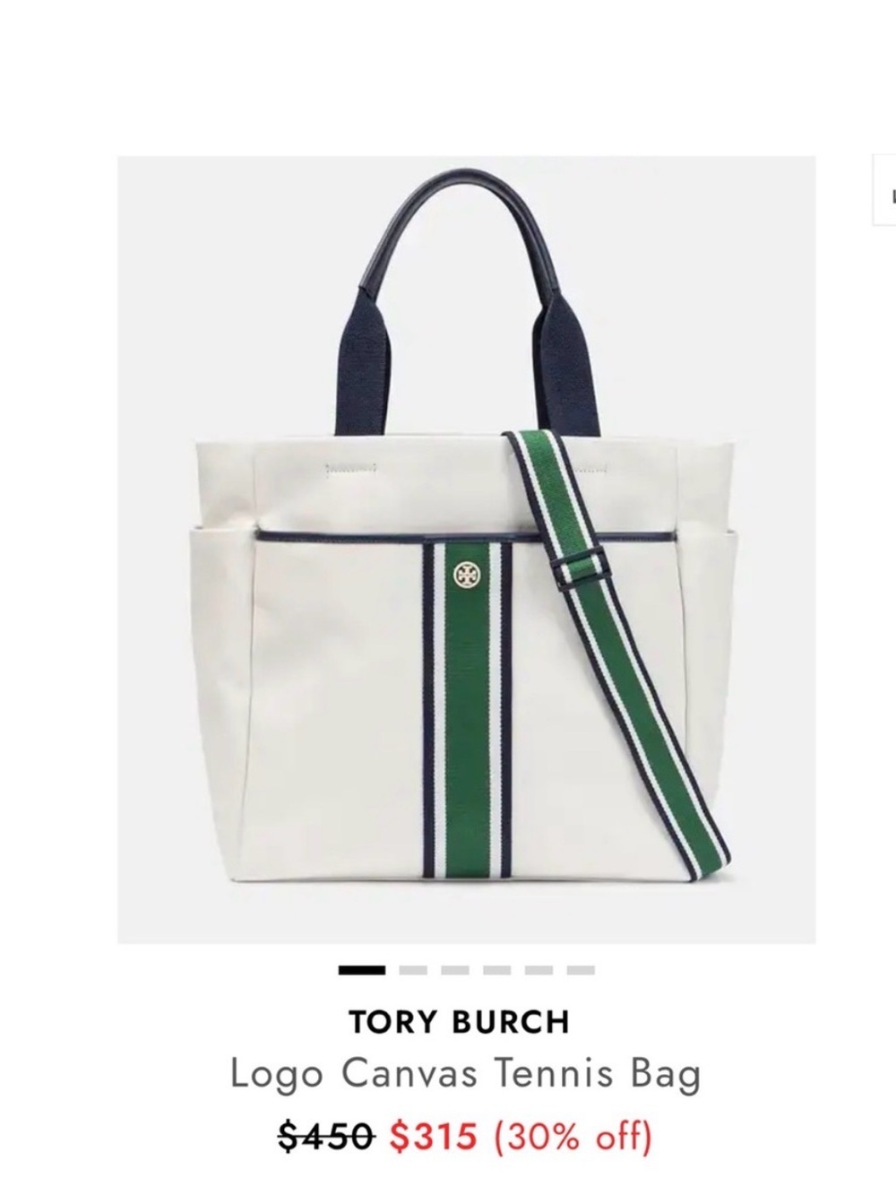 Tory Burch White Canvas Tote with Navy Handles and Green Stripe